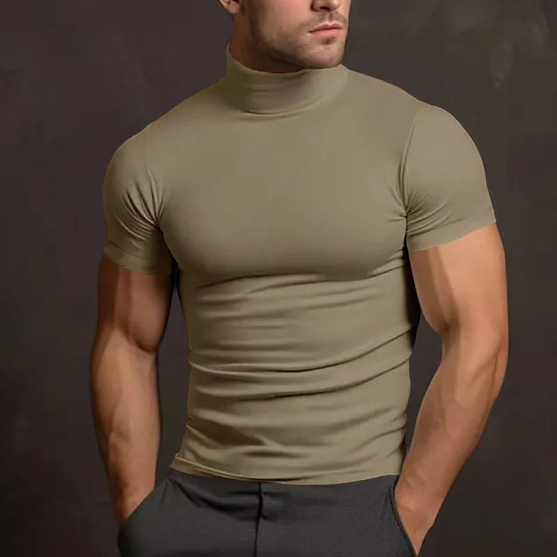 Cross-border Amazon summer solid color short-sleeved fashion bottoming shirt men's tight turtleneck T-shirt