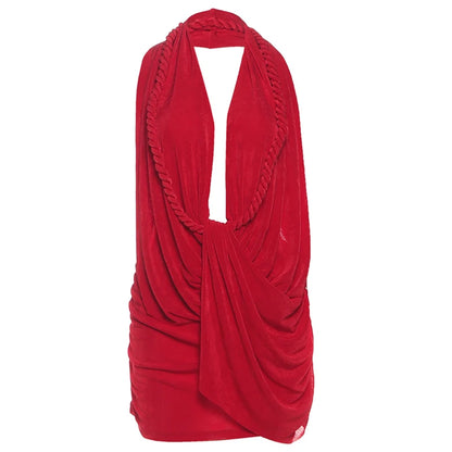 Weird Puss Halter Ruched Dress Women Sexy Whip Knot Backless Patchwork Elegant Stretch Christmas Peach Hip Birthday Mini Bodycon