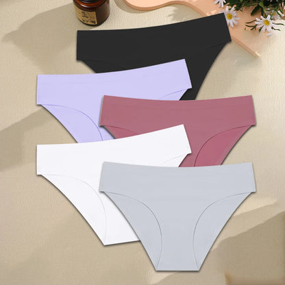 FINETOO 5PCS Seamless Panties for Women Sexy Ice Silk Underwear Soild Briefs Low Waist Comfortable Invisible Lingerie Intimates