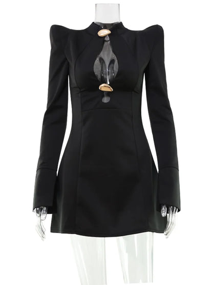 Ahagaga Elegant Women's Mini Dresses Solid Sexy Bodycon Slim Fit Hollow Out Regular Long Flare Sleeve A Line Trend Casual Female