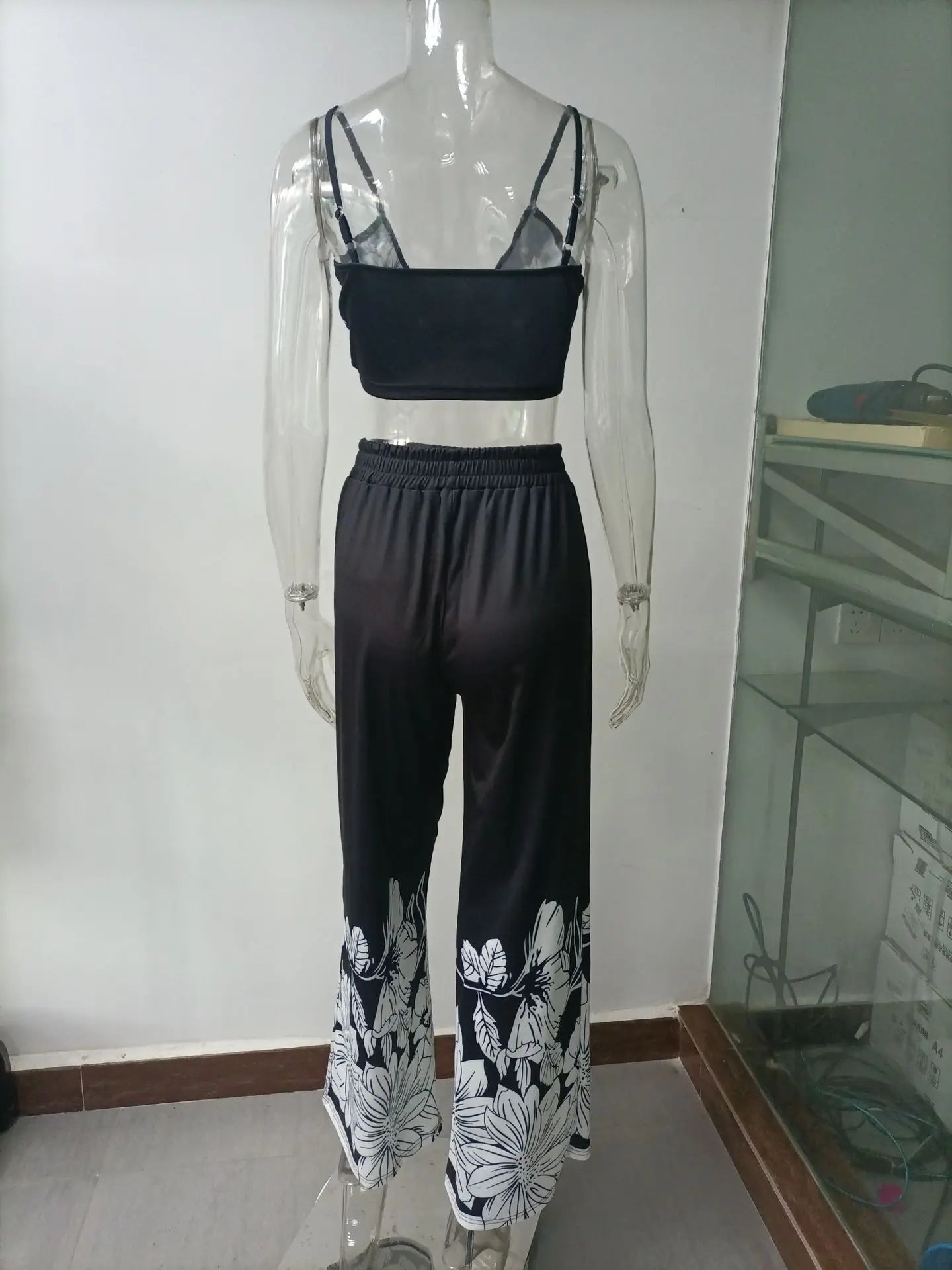 Sexy Two Piece Set Women Outfit 2025 Summer Butterfly Print V-Neck Cropped Top High Waist Drawstring Casual Wide Leg Pants Sets