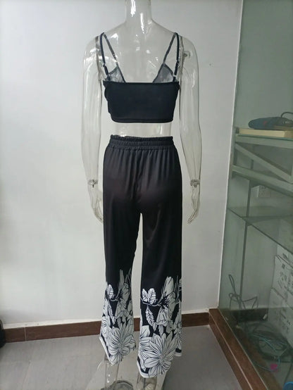Sexy Two Piece Set Women Outfit 2025 Summer Butterfly Print V-Neck Cropped Top High Waist Drawstring Casual Wide Leg Pants Sets