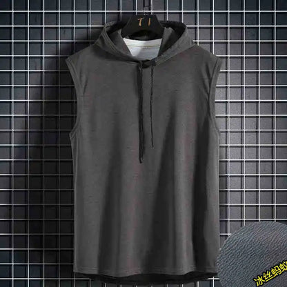 Men Tie Collar Hooded Sleeveless Vests Male Summer Loose Solid Hip Hop Tee Shirt Tops