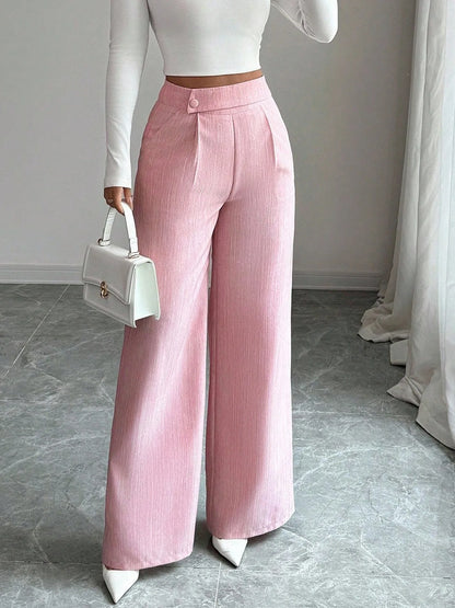 Women's High Waist Pink Waist Covered Button Design Elegant Casual Wear Loose Flowing Straight Pants