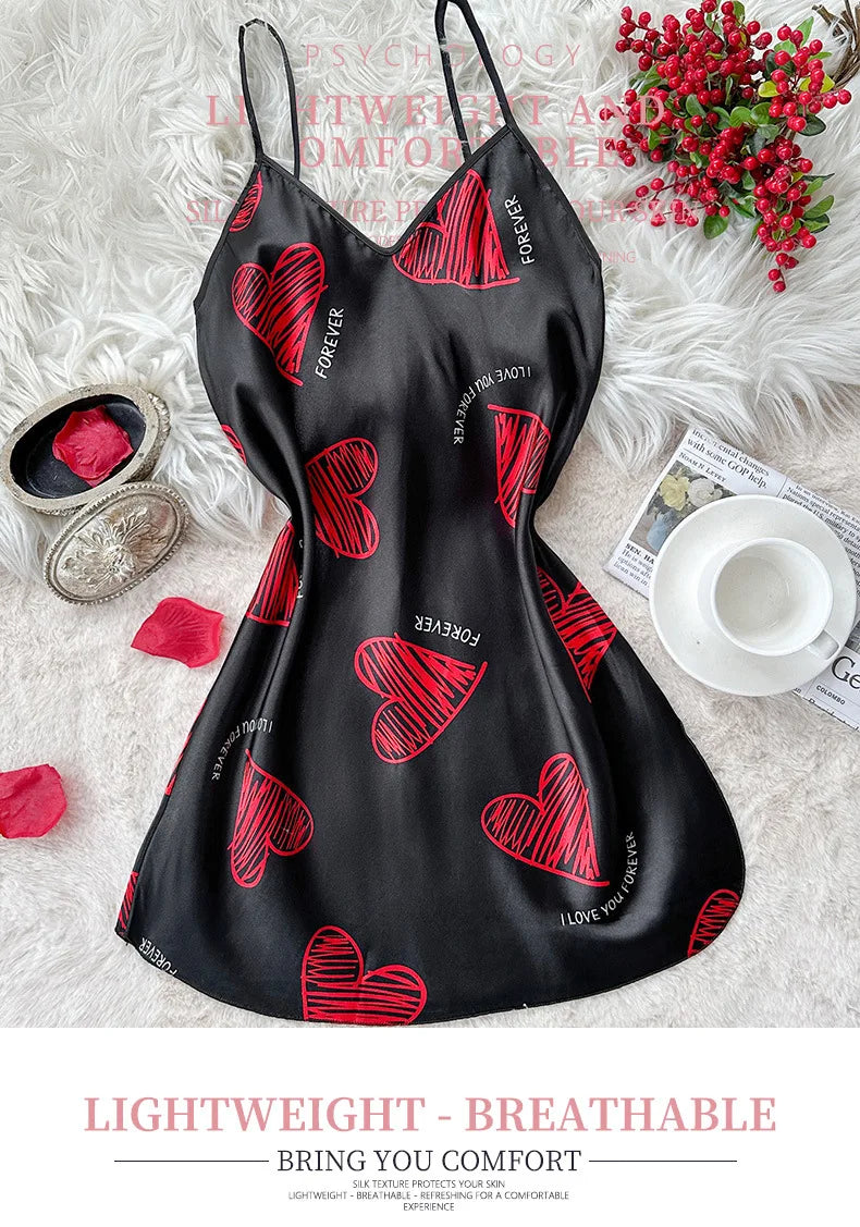 Red Lip Print Satin Slip Nightdress V Neck Backless Mini Sleep Dress Women's Sleepwear Dresses