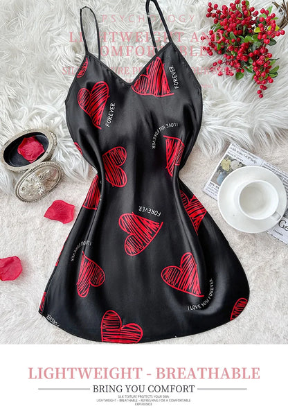 Red Lip Print Satin Slip Nightdress V Neck Backless Mini Sleep Dress Women's Sleepwear Dresses