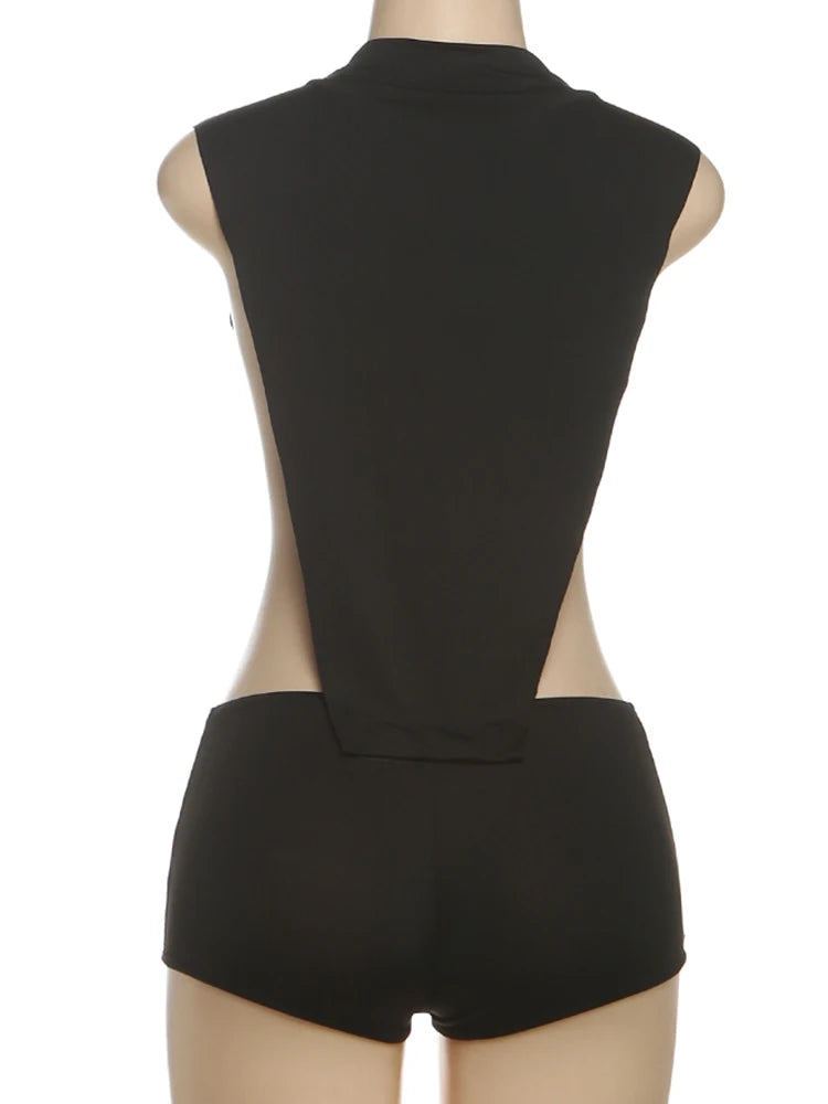 Weird Puss Sexy Women Romper Sleeveless Hollow Patchwork Summer o-Neck Hipster Solid Skinny Stretch Clubwear Ruched Playsuit