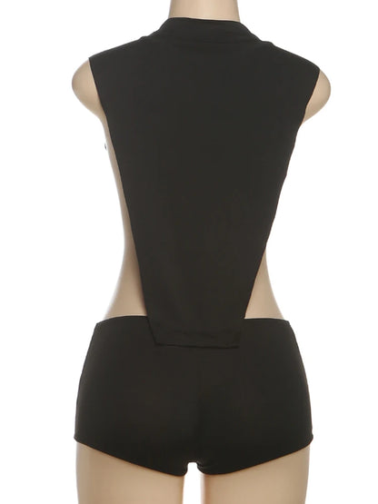 Weird Puss Sexy Women Romper Sleeveless Hollow Patchwork Summer o-Neck Hipster Solid Skinny Stretch Clubwear Ruched Playsuit