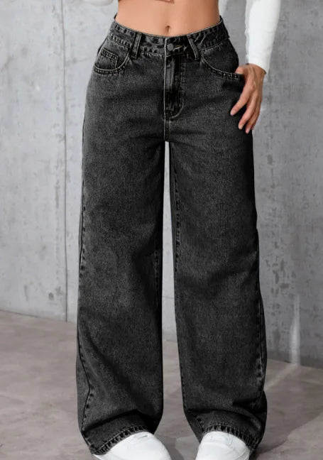 American Women's Blue Washed High-Waisted Straight-Leg Jeans Loose Fashion Front & Back Pockets Jeans Suitable Daily Casual Wear