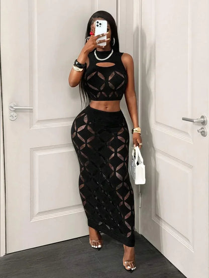 FHSEER 2PCS Women's Sexy Set Plus Size Black Mesh Hollow Out Crop Tank & High Waist Bodycon Mini Skirt Lace Stretechy Clubwear