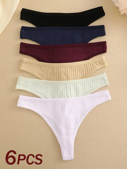 Women Cotton Thongs Panties Female Ribbed Low Rise G-String Ladies Sexy Bikini 7 Solid Color Girl Soft S-XL Intimates 6Pcs