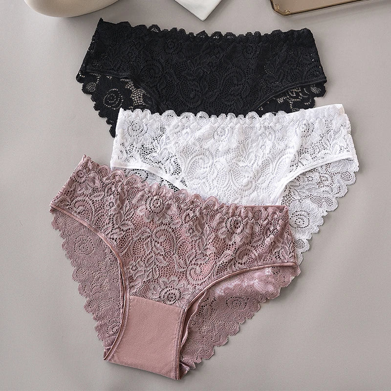 Luxury Floral Embroidery Lace Panties Women Briefs Sexy Hollow 3PCS Lingerie Female Underwear Ladies Breathable Underpants