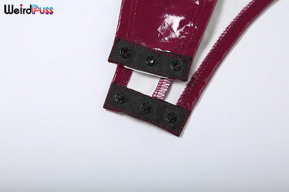 Weird Puss Faux Leather 2 Piece Set Women Sexy Low-Neck Halter Sleeveless Bodysuit+Zipper Waist Stretch Pant Clubwear Trend Suit