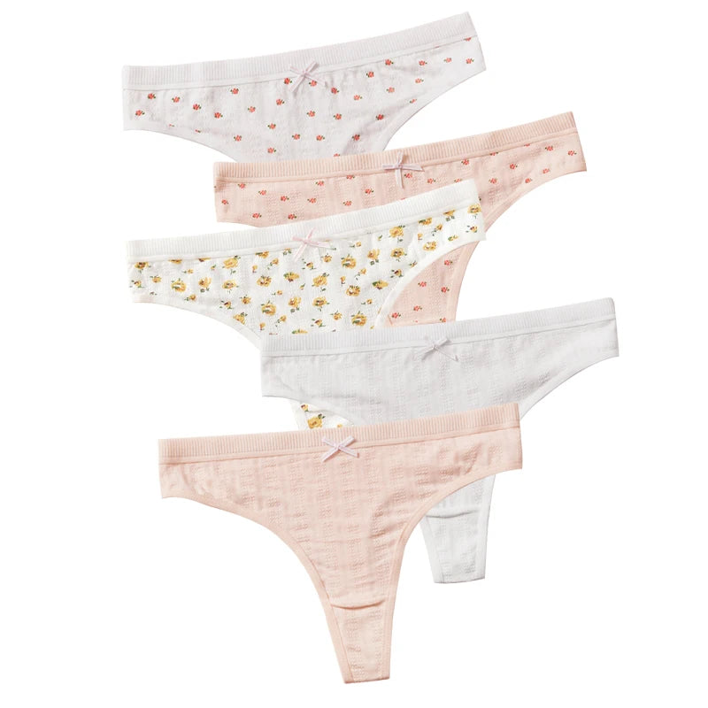 Sexy Women's Cotton Thong Panties 5pcs Low Rise Soft Comfortable Underwear Breathable Ladies Panties Bowknot for Everyday Wear
