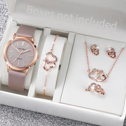 6PCS/Set Fashion Frosted Dial Women's Quartz Watch Leather Band Wrist Watches Heart Jewelry Set（Without Box）