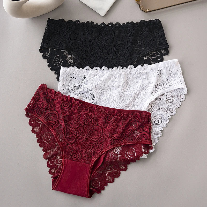 Luxury Floral Embroidery Lace Panties Women Briefs Sexy Hollow 3PCS Lingerie Female Underwear Ladies Breathable Underpants