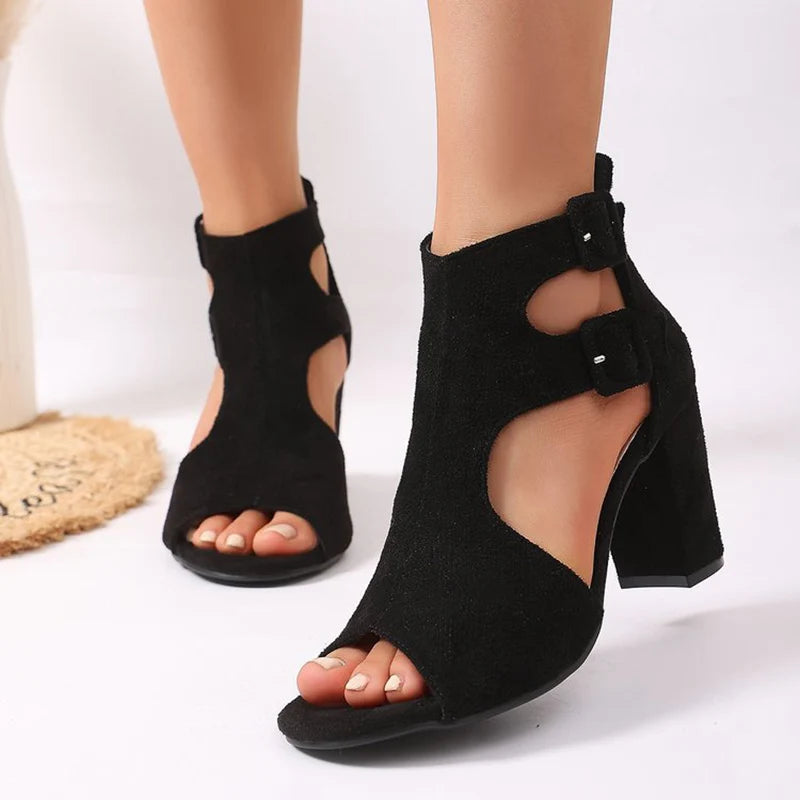 Peep Toe Black High Heel Sandals Women Retro Faux Suede Thick Heel Sandals Woman Summer Plus Size 35-43 Sandalias Female