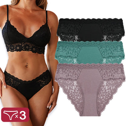 Sexy Perspective Women Back Lace Panties Patchwork Cotton Underpants Hollow Out Lingerie Underwear Comfortable Briefs 3PCS