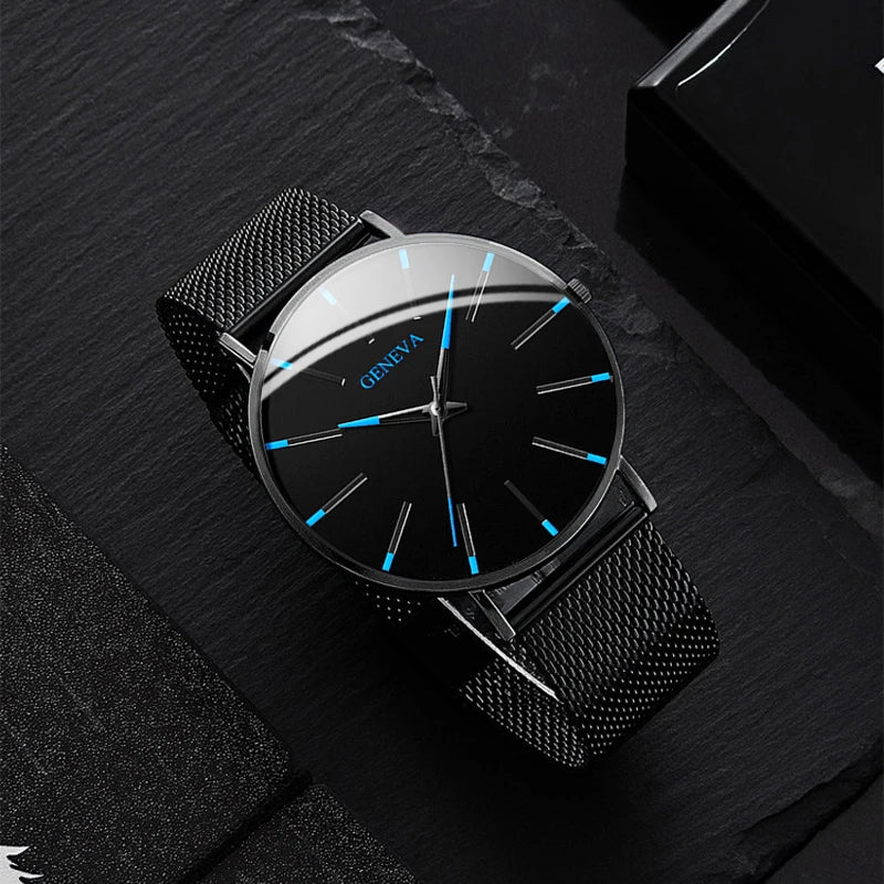 Fashion Ultra Thin Men’s Business Watches Steel Mesh Belt Quartz Wrist Watch for Man Clock Reloj Hombre