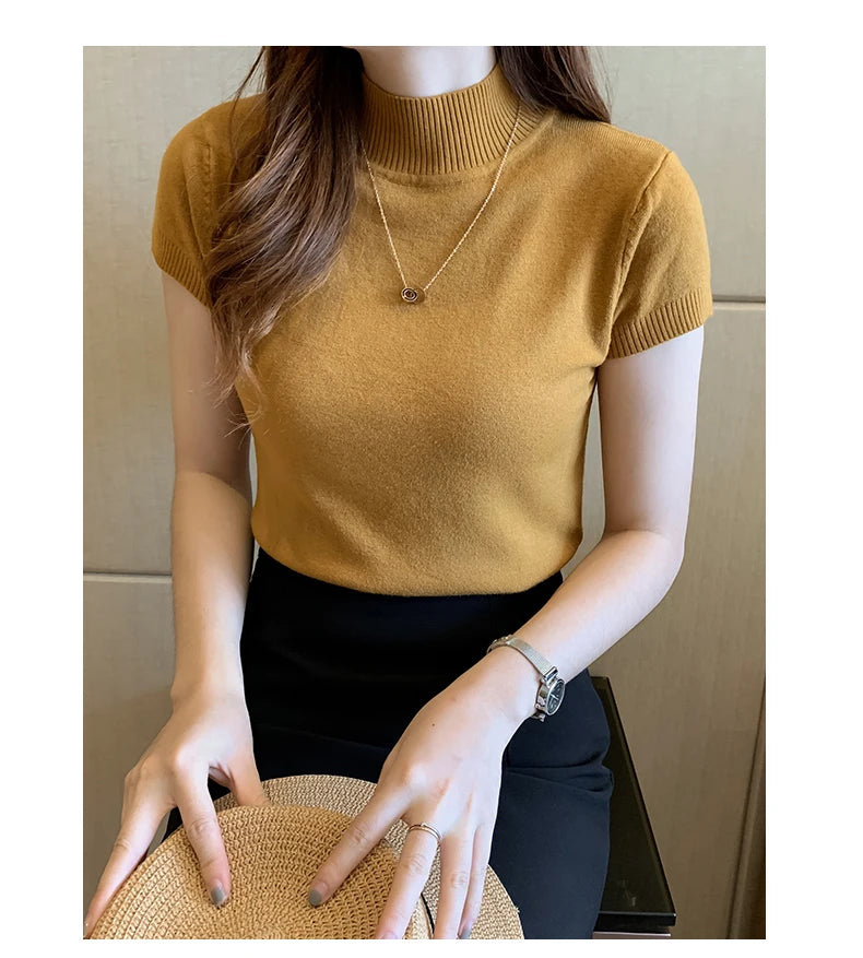 Half-High Neck T-Shirt Women's Fashion Jumper Casual Tops Korean Style Elegant Solid-Coloured Clothing Spring And Summer Season