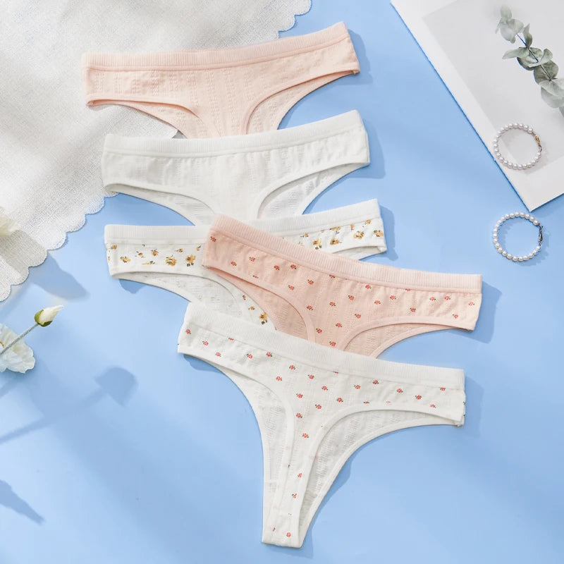 Sexy Women's Cotton Thong Panties 5pcs Low Rise Soft Comfortable Underwear Breathable Ladies Panties Bowknot for Everyday Wear