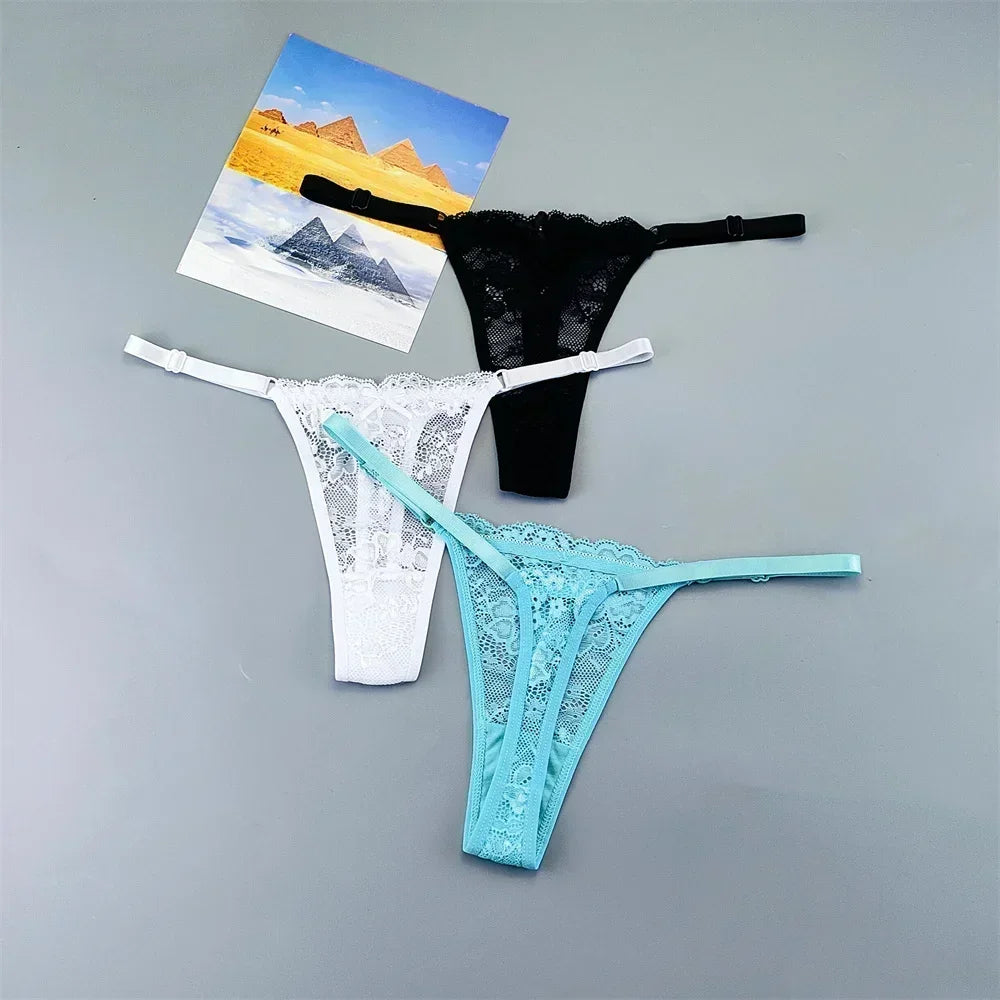 3PCS Adjustable Sexy Transparent Thong Panties Women Lace Underwear Low Waist Female T-back String Underpants