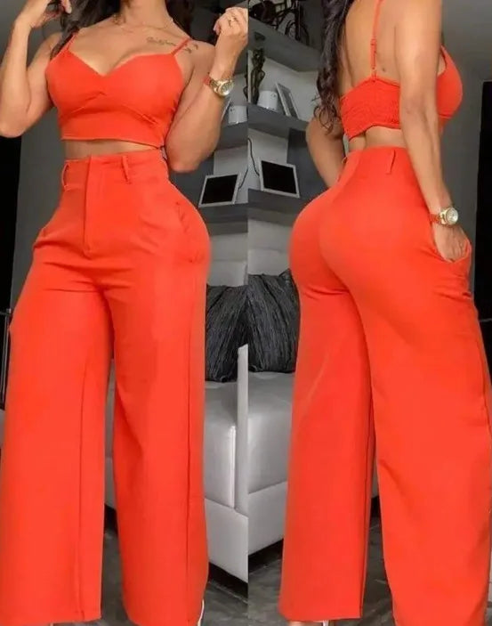 Summer Sexy 2 Piece Set Women V-Neck Strap Shirred Slim Crop Top & Lace-up Wide Leg Pants Sets Elegant Holiday Lady Suit