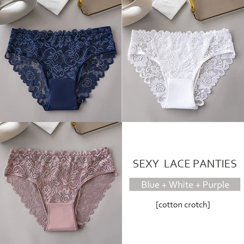 Luxury Floral Embroidery Lace Panties Women Briefs Sexy Hollow 3PCS Lingerie Female Underwear Ladies Breathable Underpants
