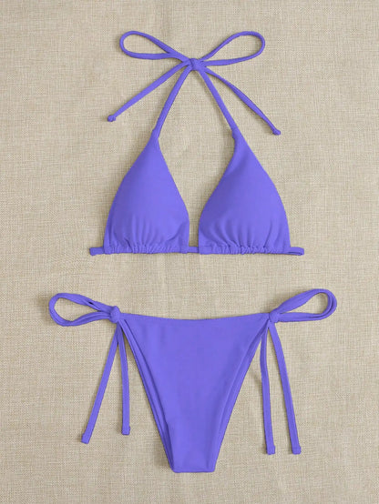 Solid color three-point bikini strap-on women's swimsuit set