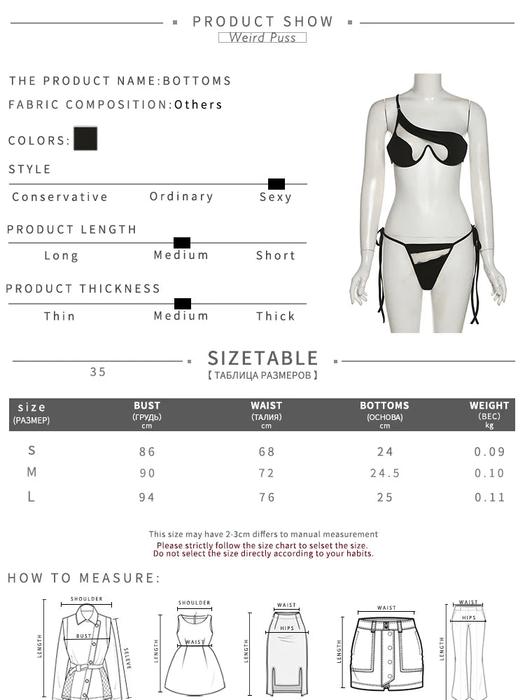 Weird Puss Beach Style Women Bikini 2 Piece Set Sexy Mesh Patchwork One Shoulder Bra Top+Bandage Briefs Vacation Trend Clubwear