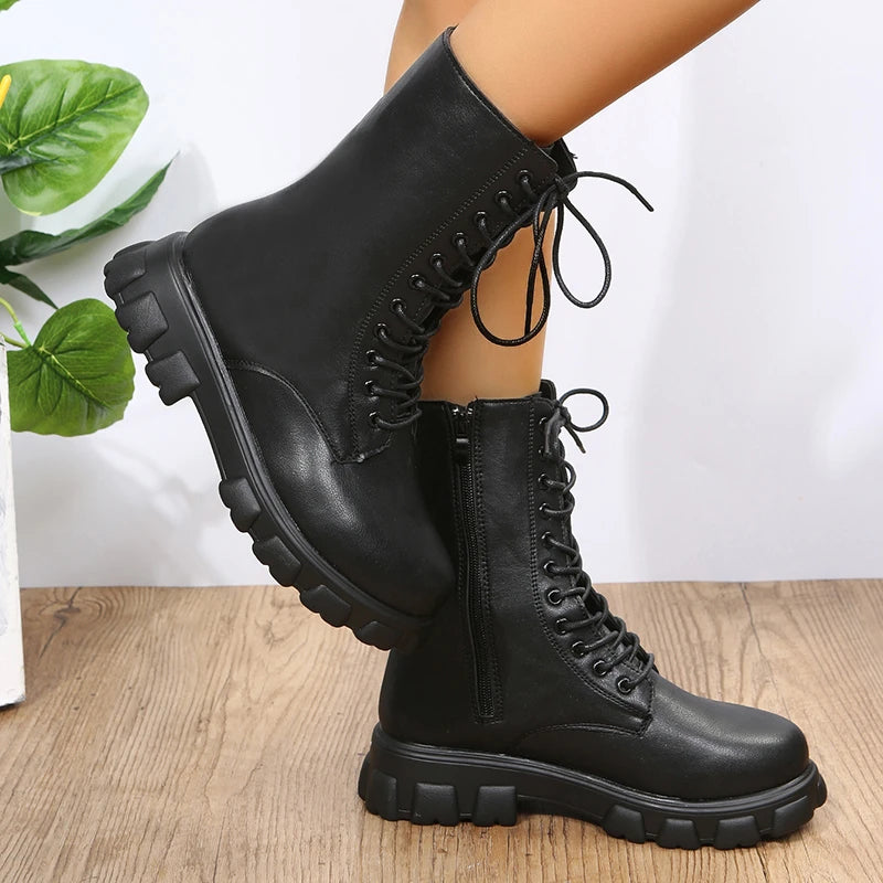 Autumn Winter PU Leather White Ankle Boots Motorcycle Botines Female Chunky Heels Platform Boots Botas Mujer