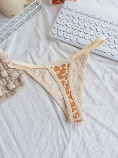 Mixed Color Floral Patchwork Thin Strap Comfortable Women's Thong Cotton Underwear Girls' Briefs 5-Pack