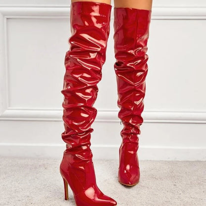 Red Women Over The Knee Boots High Heels Patent Leather Solid Pointed Toe Stiletto Side Zipper Sapatos Femininos