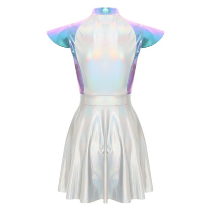 Adult Silver Astronaut Costume Women Alien Tutu Dress Suit Space Cadet Tulle Skirt Jumpsuit Halloween Cosplay Party Dress Up