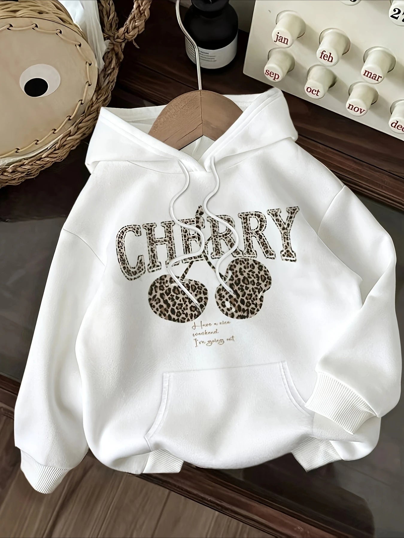 Leopard Print Cherry Letter Printed Women's Autumn Winter Round Neck Sweatshirt Casual Long Sleeved Top Hoodies Women's Clothing