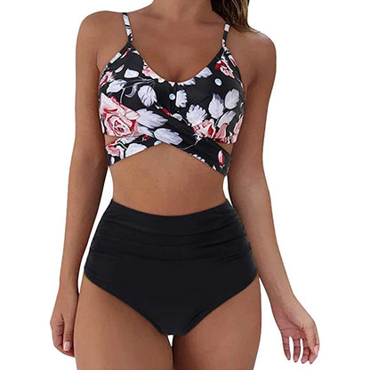 Hot 12 Colors Women Slim Bikini Sets High Waisted Sexy Swimwear 2 Pieces Solid/Floral Ruched Brazilian Swimsuit Cross Front