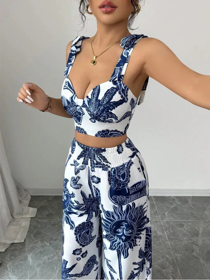 Sexy Strapback Halter Tops Long Pants Female 2-piece Set Summer Fashion Printed Wide-leg Pocket Trousers Elegant Women's Suit