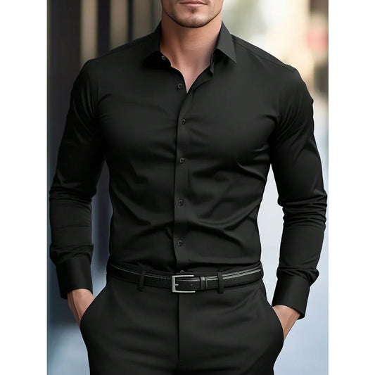 FGKKS New Men Shirt Brand New Solid Color Long Sleeve Elastic Fabric Men's Multiple Colors Male Quality Basic Shirt