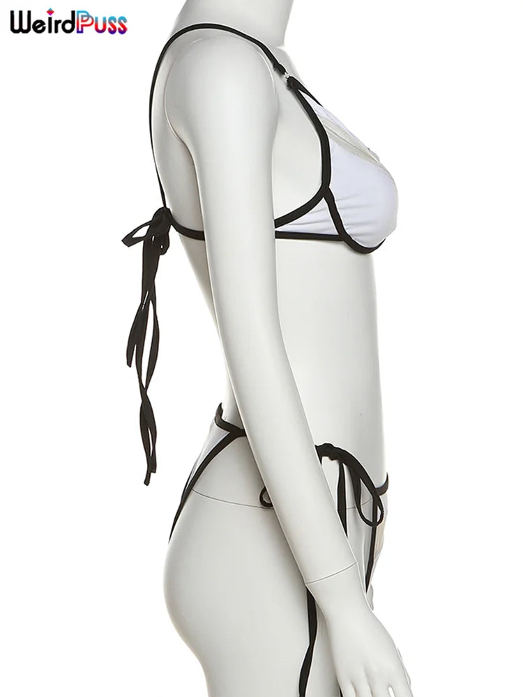 Weird Puss Beach Style Women Bikini 2 Piece Set Sexy Mesh Patchwork One Shoulder Bra Top+Bandage Briefs Vacation Trend Clubwear