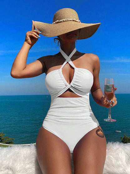 Drawstring One-piece Swimwear Female High Waisted Bikini Bandeau Halter Bathing Suit Swimming for Monokini
