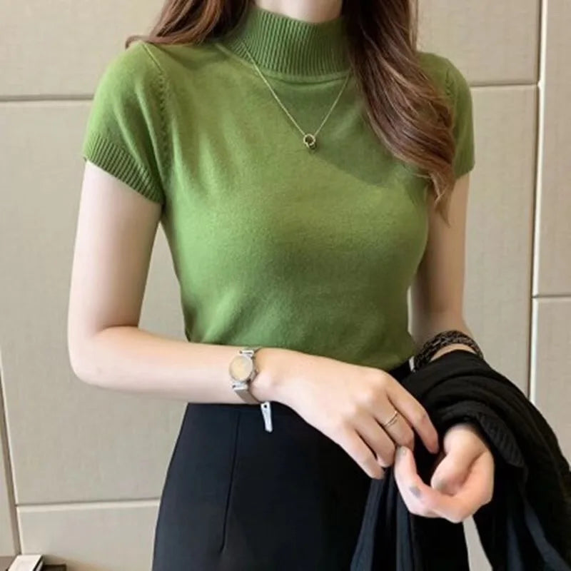 Half-High Neck T-Shirt Women's Fashion Jumper Casual Tops Korean Style Elegant Solid-Coloured Clothing Spring And Summer Season