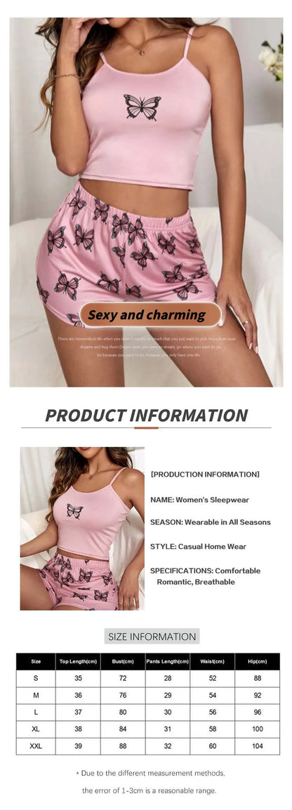 Two Pieces Summer Sexy Pajamas Butterfly Print Cami Pajamas Set Fashion Sexy Home Ladies Underwear Vest Shorts Pijamas