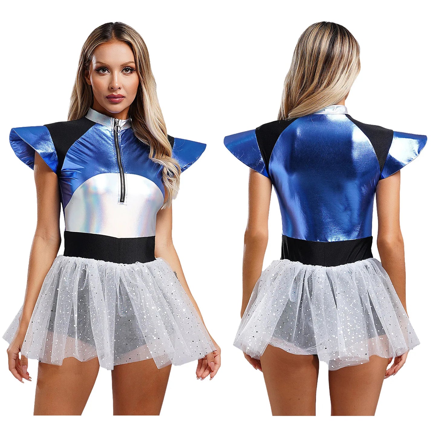 Adult Silver Astronaut Costume Women Alien Tutu Dress Suit Space Cadet Tulle Skirt Jumpsuit Halloween Cosplay Party Dress Up