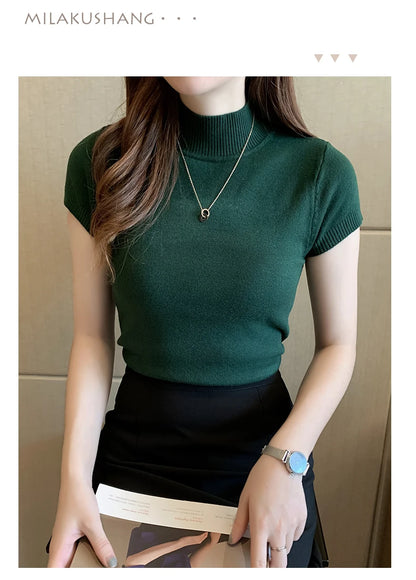 Half-High Neck T-Shirt Women's Fashion Jumper Casual Tops Korean Style Elegant Solid-Coloured Clothing Spring And Summer Season