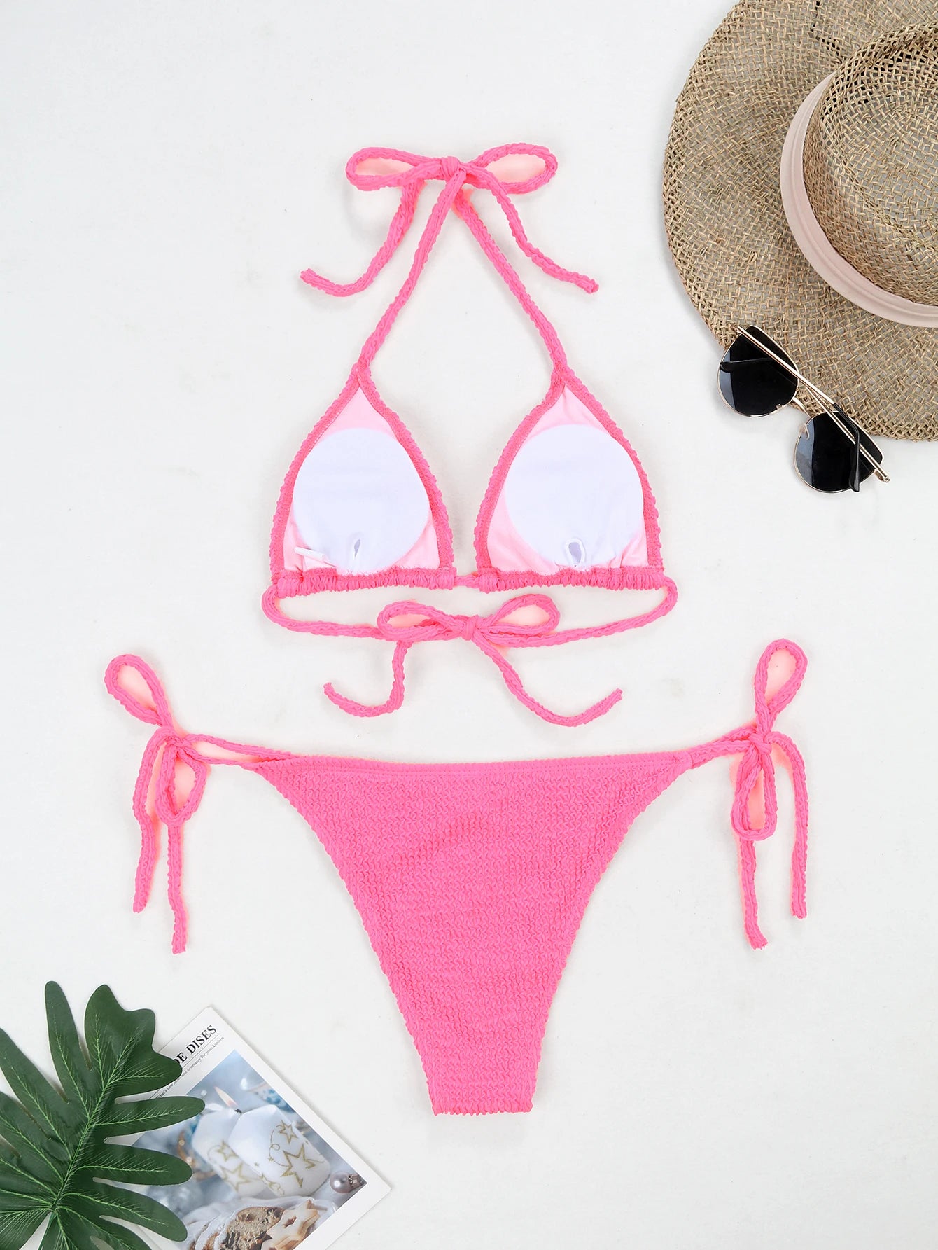 Summer wrinkled fabric special fabric wave strip sexy bikini women fluorescent strap split swimsuit women