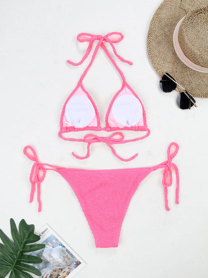 Summer wrinkled fabric special fabric wave strip sexy bikini women fluorescent strap split swimsuit women