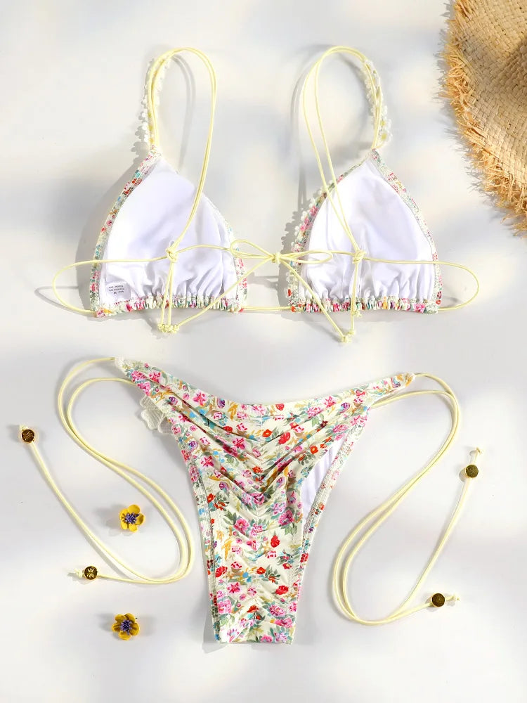 Sexy Triangle Mini Bikini Sets Micro Thongs Swimsuit Women Bathing Suit Biquini Bandage Beachwear Print Swimwear Thong Bikini