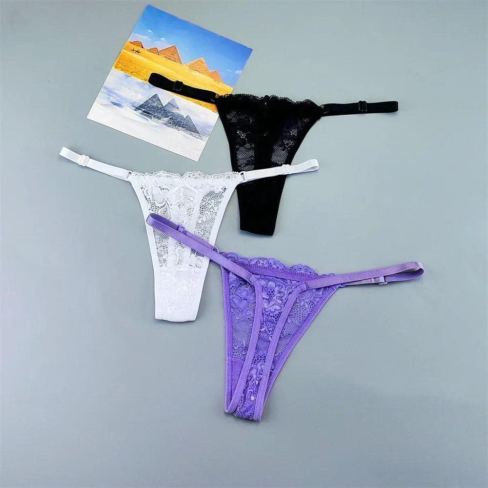 3PCS Adjustable Sexy Transparent Thong Panties Women Lace Underwear Low Waist Female T-back String Underpants