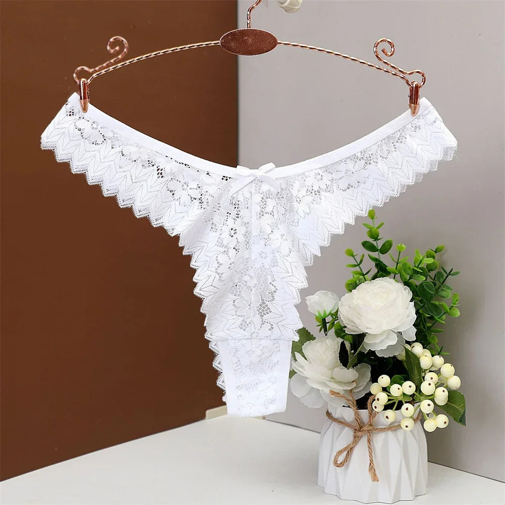 3PC Sexy T Back Woman Thong Panty Mid Waist Lace Panties Transparent Underwear "V-shape" Girls Erotic Panty