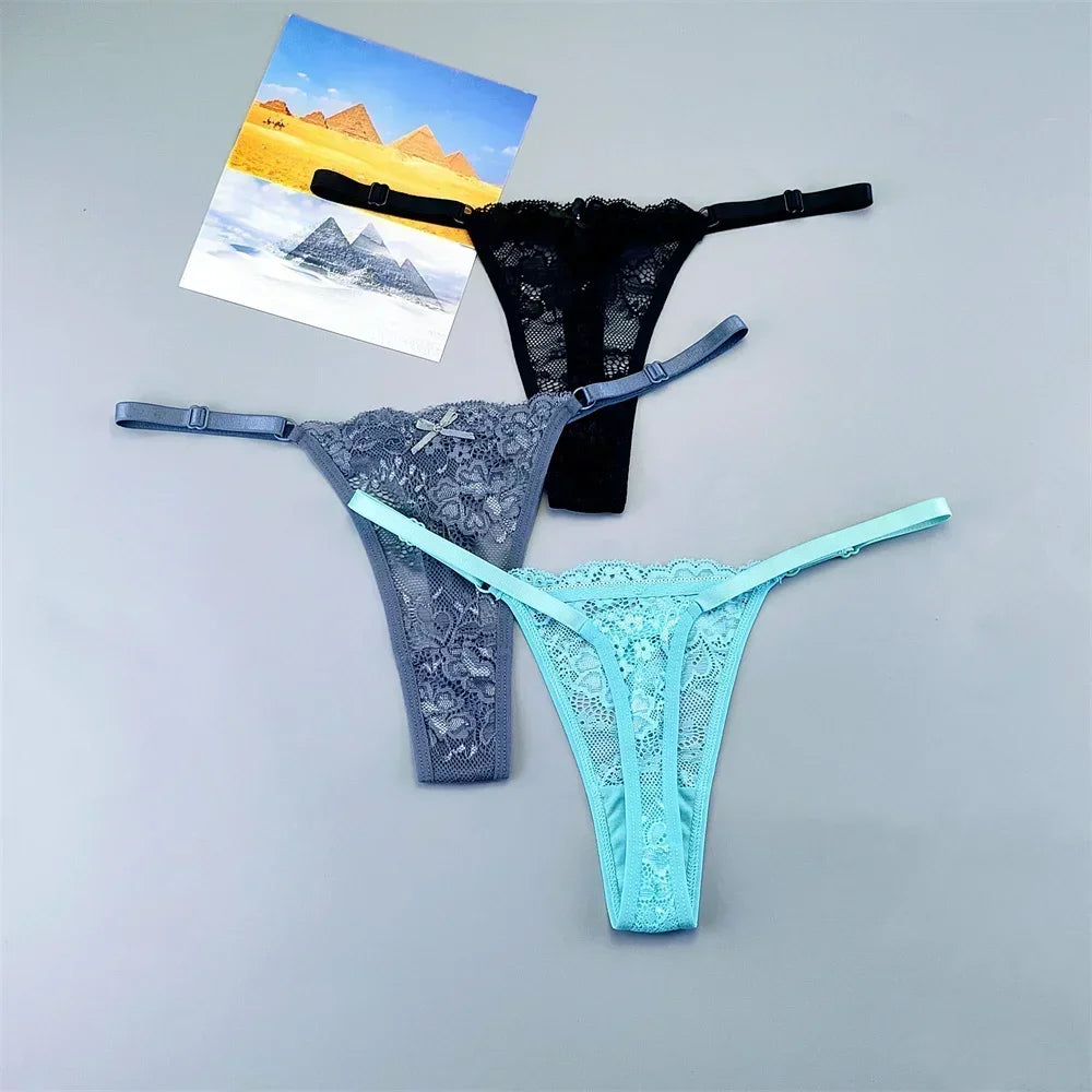 3PCS Adjustable Sexy Transparent Thong Panties Women Lace Underwear Low Waist Female T-back String Underpants